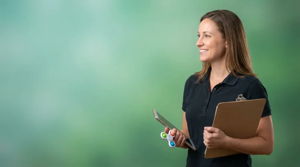 Smiling woman in a dark polo shirt holding a clipboard against a green backdrop, illustrating bCBA vs RBT