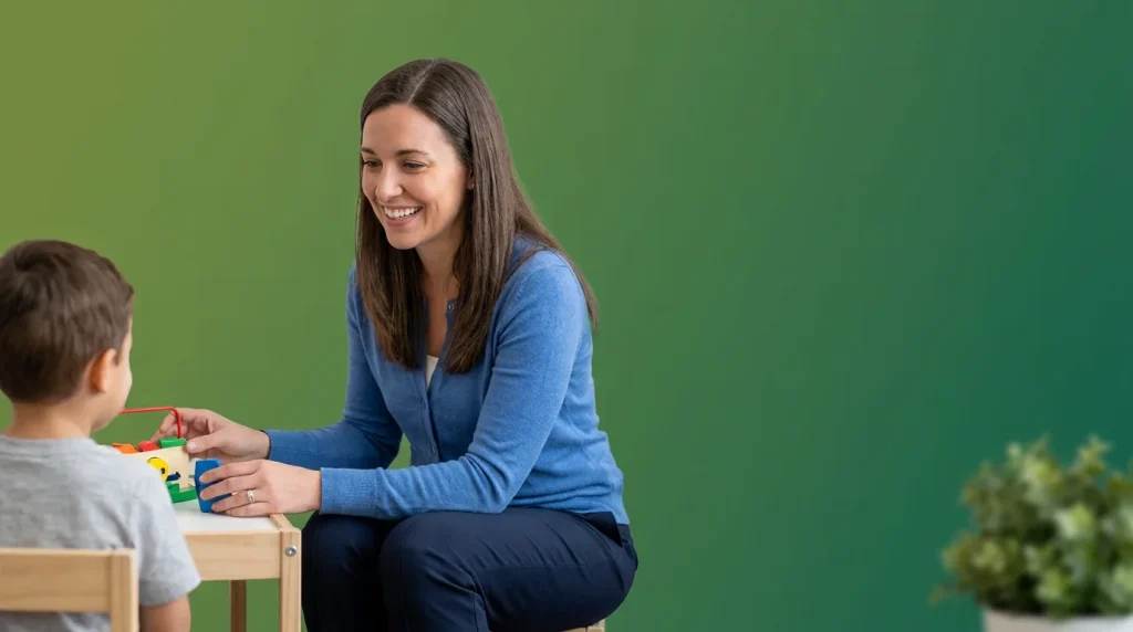 Woman in a blue sweater crouching at a small table playing with a young boy, illustrating how does ABA therapy work