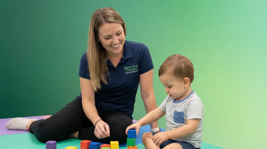 Woman in a navy polo sitting on a floor mat playing with blocks beside a toddler, illustrating in-home vs center-based ABA