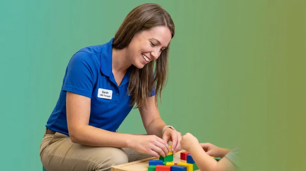 Smiling woman in a blue polo leaning over colorful blocks with a child's hand reaching in, illustrating how to choose an ABA provider