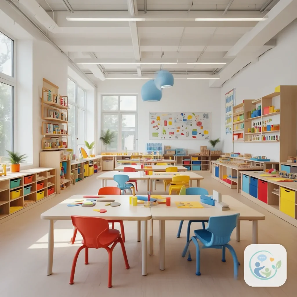 Empty learning room with a long table, red chairs, toy shelves and colorful wall posters, illustrating what is in-home ABA therapy