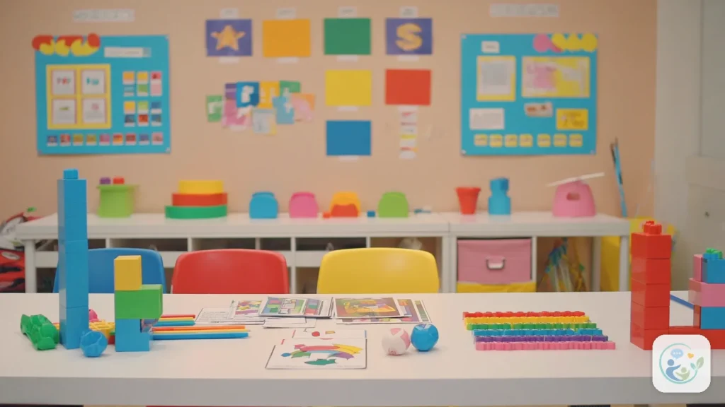 Table with colorful stacking blocks and sorting toys in front of wall bulletin boards, illustrating what is ABA therapy