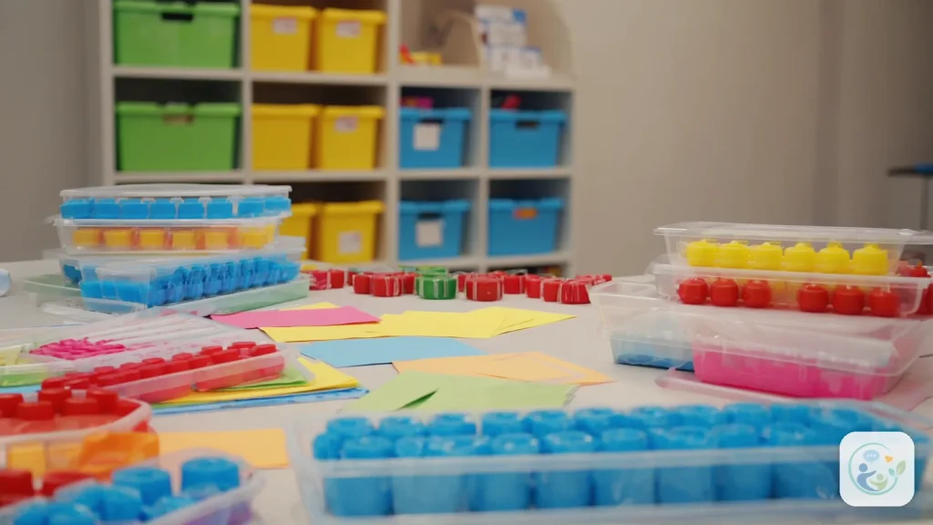 Close-up of trays of colorful counting blocks and sorting bins on a table, illustrating how does ABA therapy work