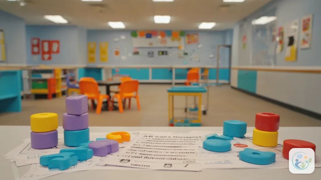 Table with colorful stacked cylinders and worksheets, small chairs and shelves behind, illustrating how to choose an ABA provider