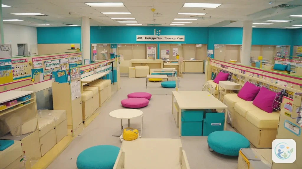 Clinic lounge with sofas, small tables, teal walls and shelves of materials, illustrating aBA therapy cost