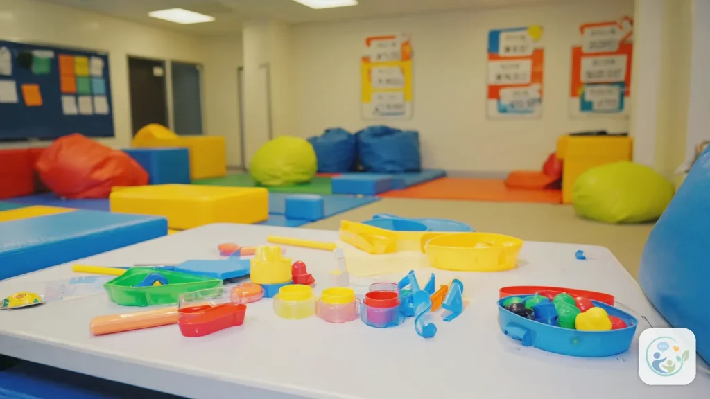 Table with colorful toy pieces in the foreground, beanbags and wall posters behind, illustrating aBA therapy red flags