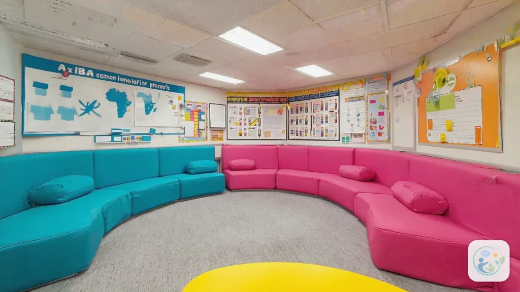 Lounge area with curved teal and pink sofas and walls covered in charts and posters, illustrating does insurance cover ABA therapy