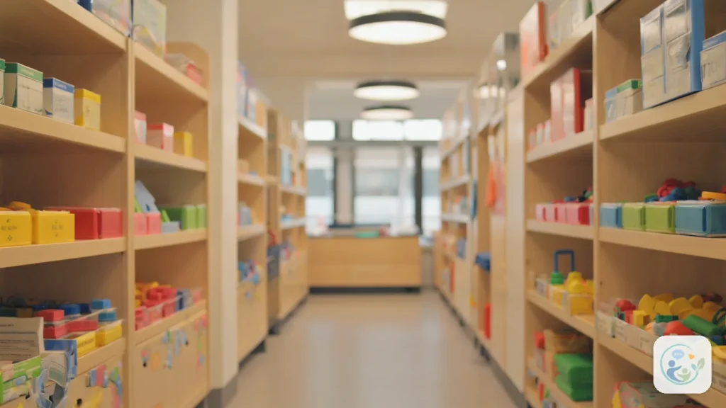 Room lined with wooden shelves of supplies and storage bins, illustrating bCBA vs RBT
