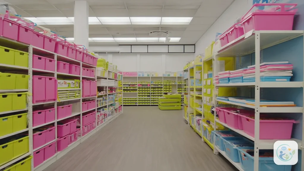 Storage room with long rows of shelves holding pink and green bins, illustrating what does a BCBA do