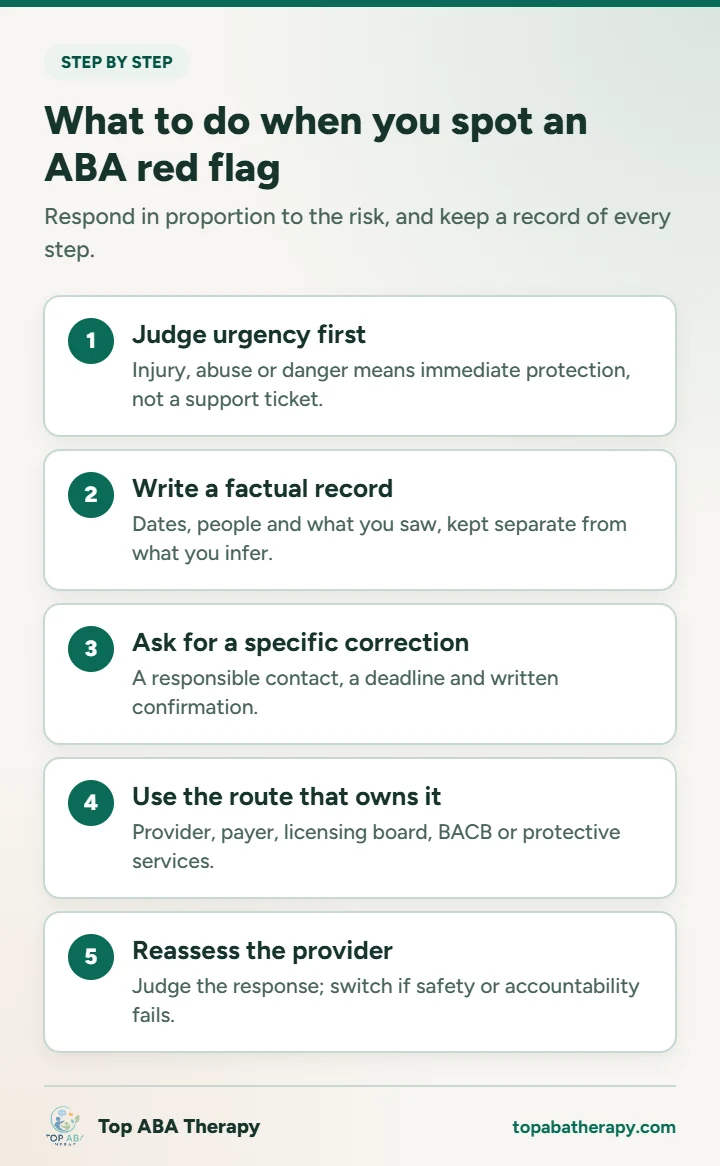 ABA therapy red flags: infographic showing five steps after spotting an ABA red flag: judge urgency, write a factual record, request a correction, escalate, and reassess
