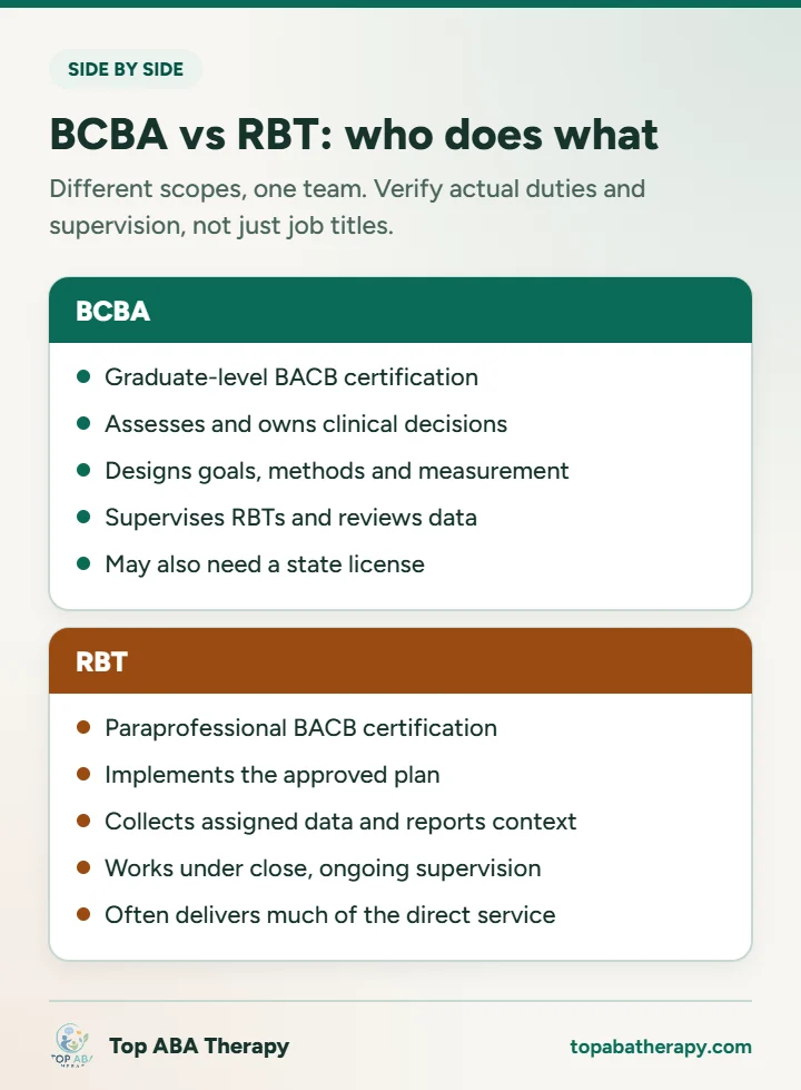 BCBA vs RBT: infographic comparing BCBA and RBT roles: certification level, clinical decisions, plan design, data collection, supervision, and direct service