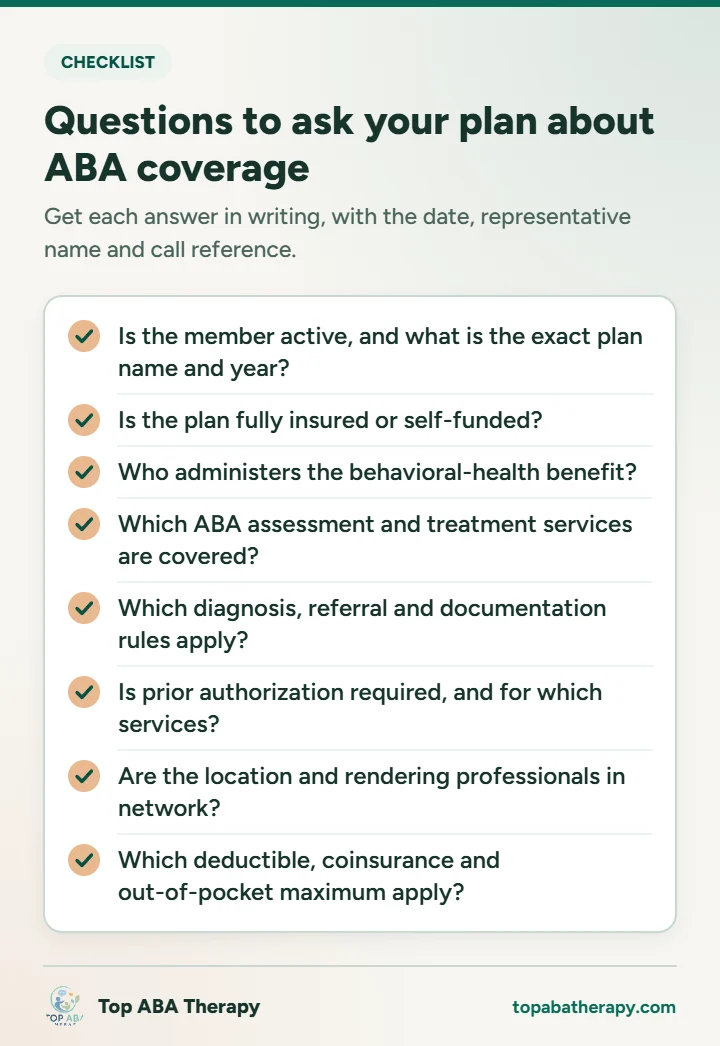 Does insurance cover ABA therapy: infographic checklist of eight questions to ask an insurance plan about ABA therapy coverage, from plan funding type to authorization and network status