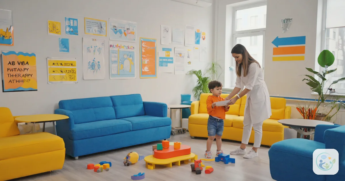 How to find ABA therapy: illustration of a parent researching therapy options on a laptop with a child nearby, for a guide to finding ABA therapy