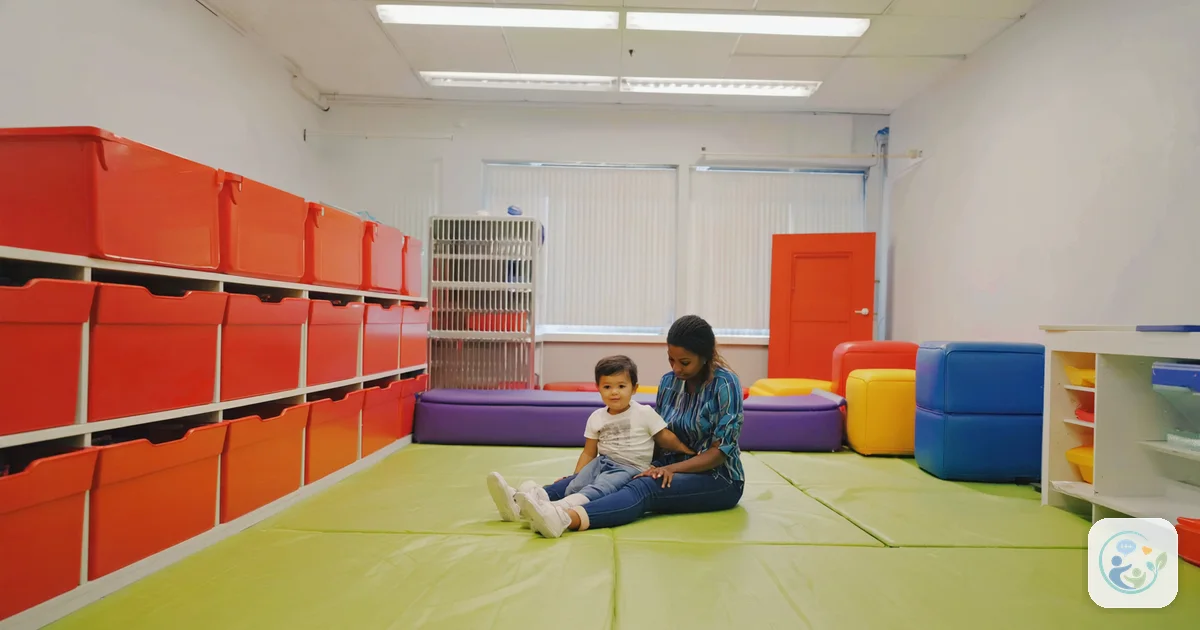 In-home vs center-based ABA: illustration of a therapist and child working together in a bright room, for a guide comparing in-home and center-based ABA