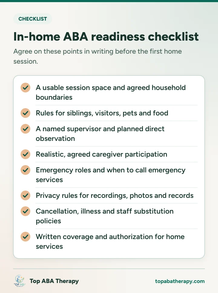 What is in-home ABA therapy: infographic checklist of eight things to agree before in-home ABA starts, including household boundaries, supervision, emergency roles, privacy and coverage
